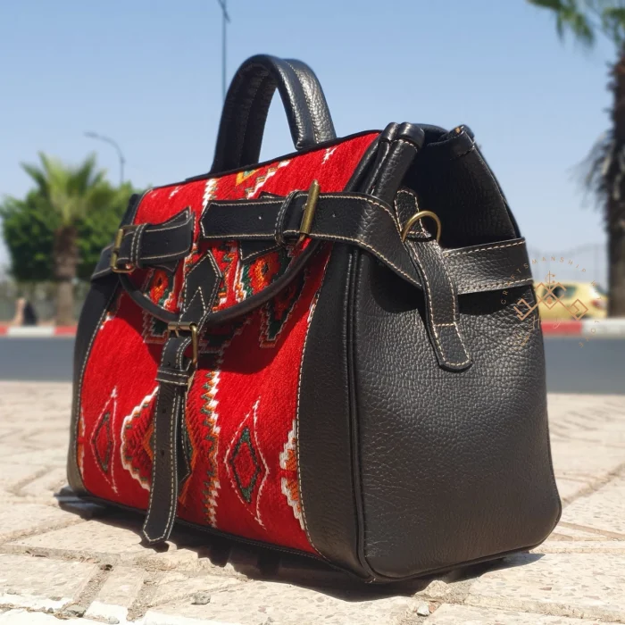 Moroccan Handmade Carpet Leather Travel Bag - Image 3