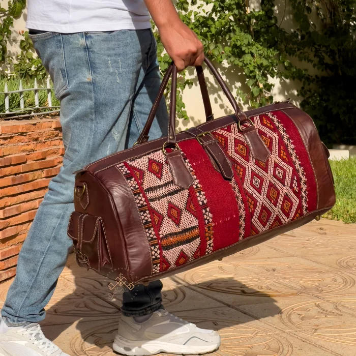 Antique Moroccan carpet leather travel bag - Image 5