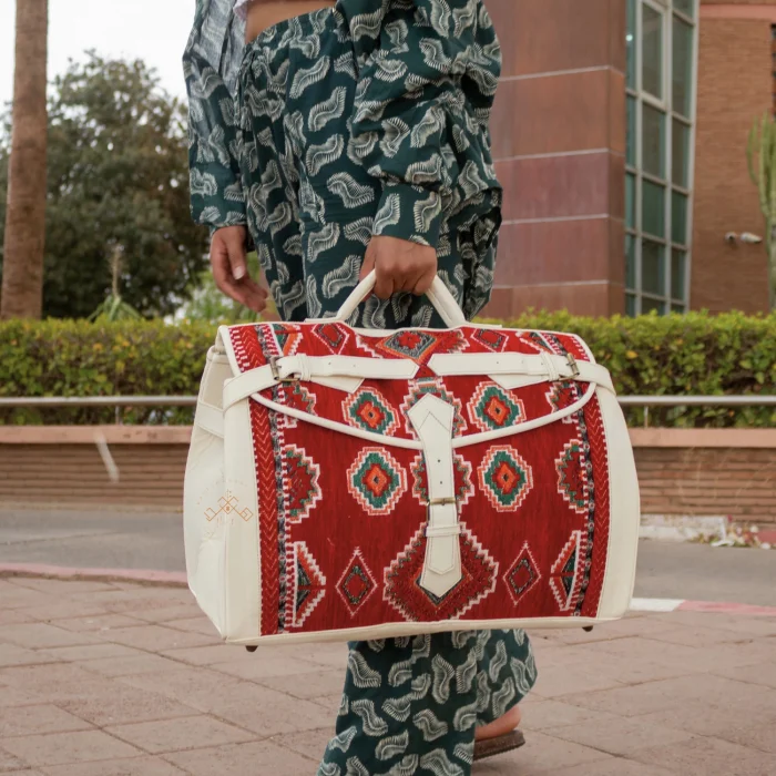 Moroccan Handmade Carpet Leather Travel Bag - Image 5