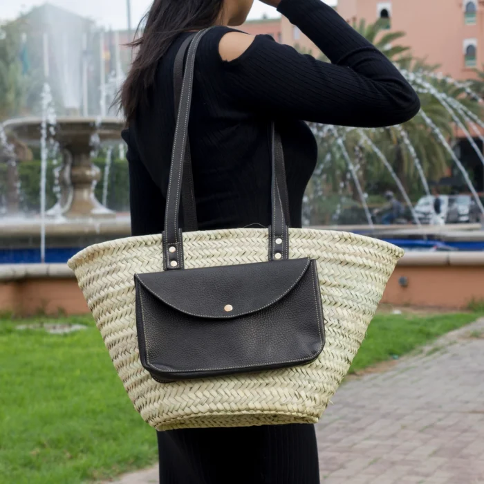 Woven Palm Leaf Basket with Leather Handle - Image 2