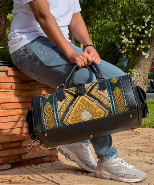 Black leather Travel Bag with green Carpet