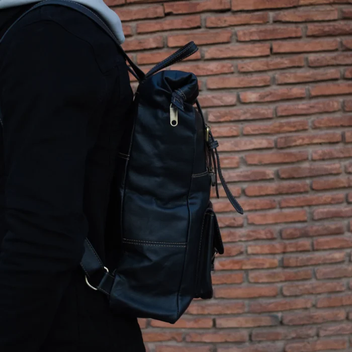 Black Roll Top Leather Backpack for men & women - Image 4