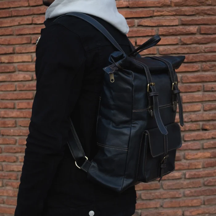 Black Roll Top Leather Backpack for men & women - Image 7