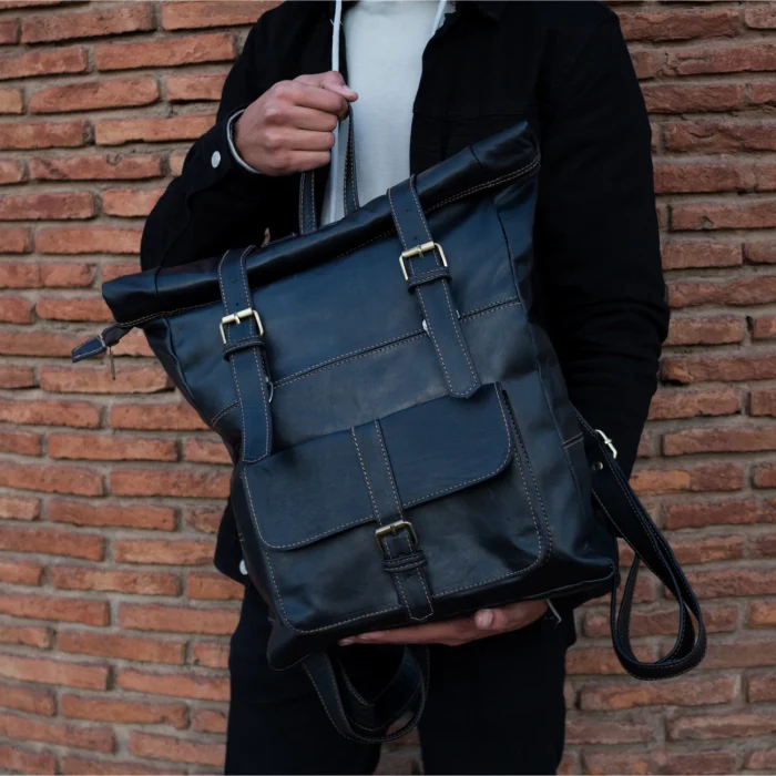 Black Roll Top Leather Backpack for men & women - Image 5