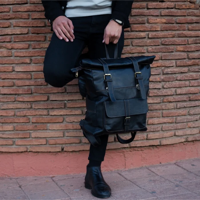 Black Roll Top Leather Backpack for men & women - Image 8