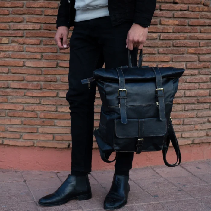 Black Roll Top Leather Backpack for men & women - Image 3