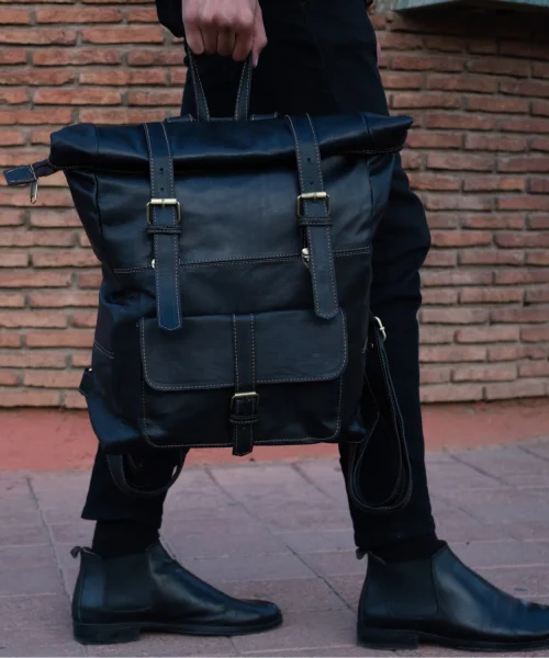 Black Roll Top Leather Backpack for men & women