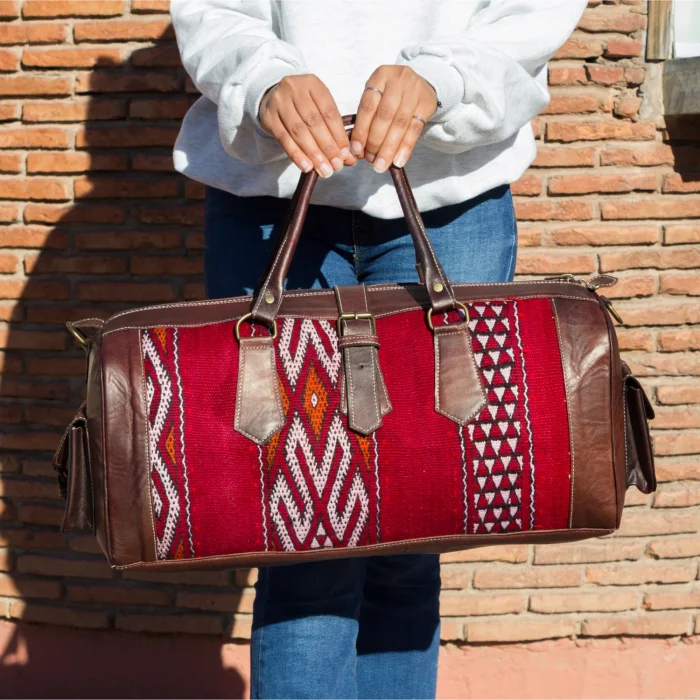 Antique Moroccan carpet leather travel bag