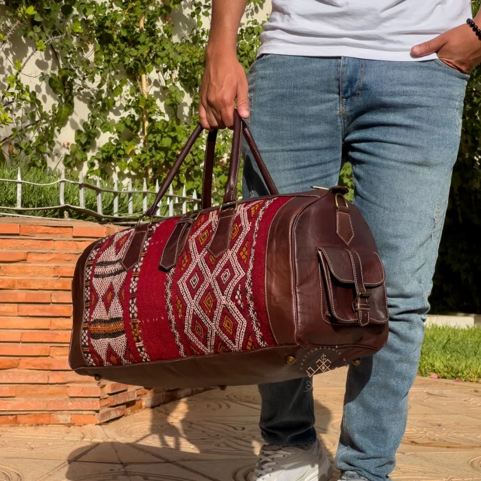 Antique Moroccan carpet leather travel bag - Image 4