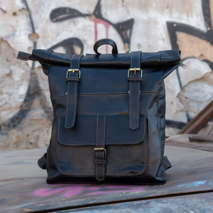 Black Roll Top Leather Backpack for men & women - Image 2