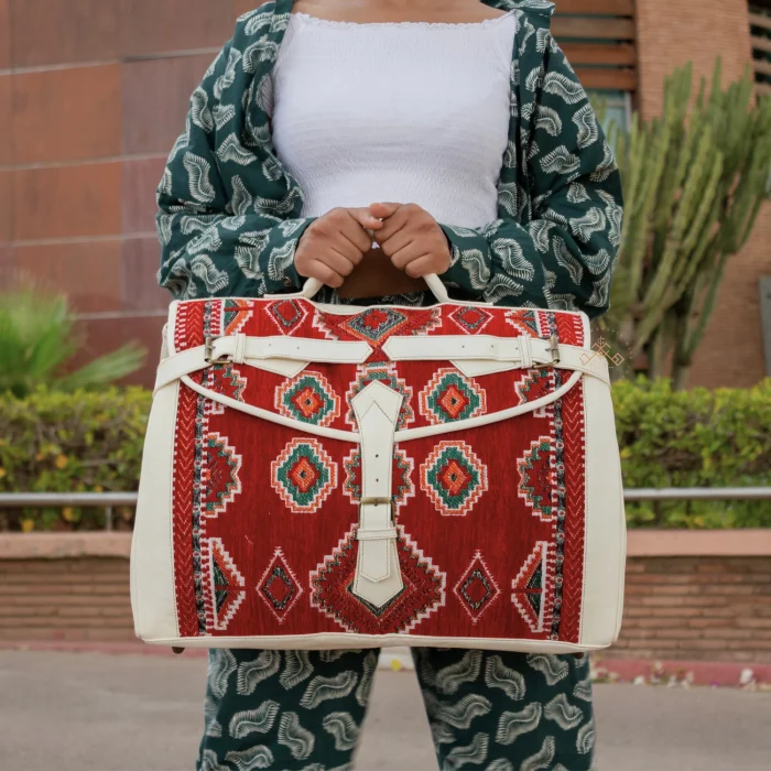 Moroccan Handmade Carpet Leather Travel Bag - Image 13