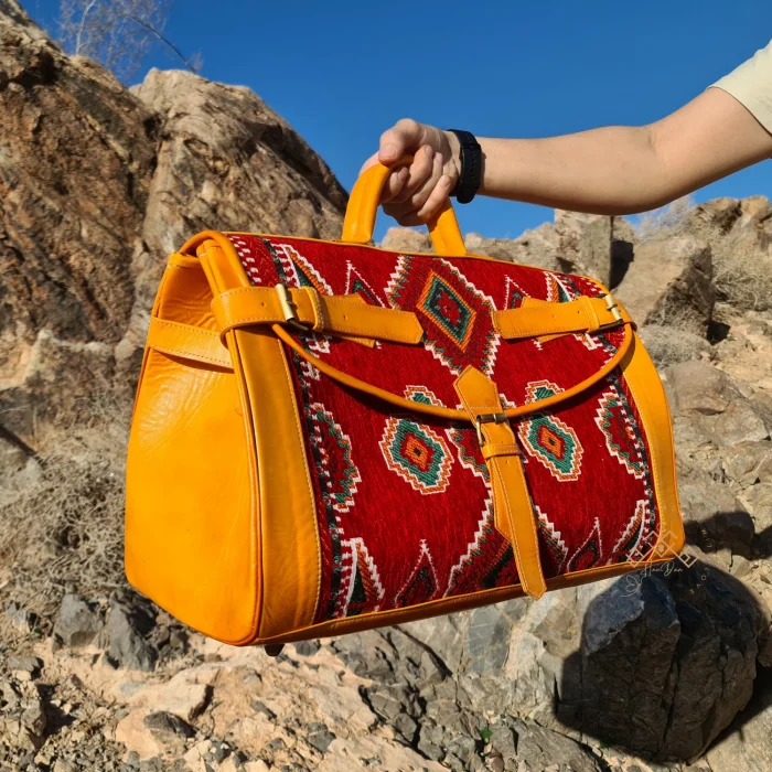 Moroccan Handmade Carpet Leather Travel Bag - Image 6