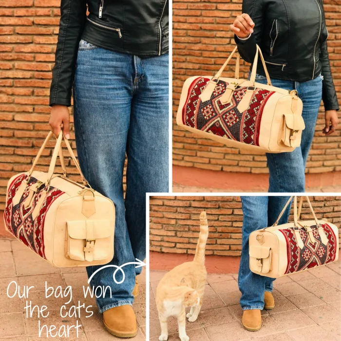 Natural Large Kilim Leather Travel Bag - Image 4