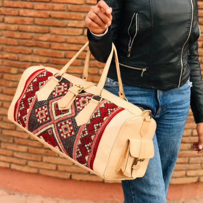 Natural Large Kilim Leather Travel Bag - Image 5
