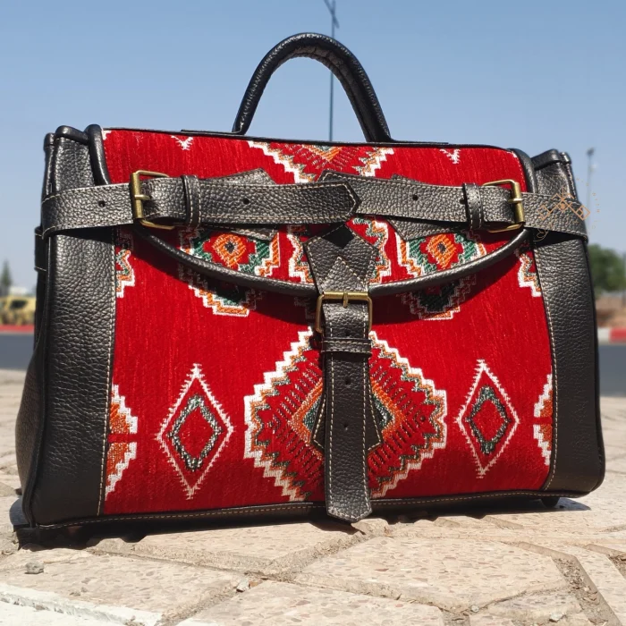 Moroccan Handmade Carpet Leather Travel Bag - Image 12