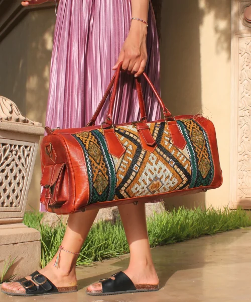 Chic Kilim Travel Bag with green Carpet Design