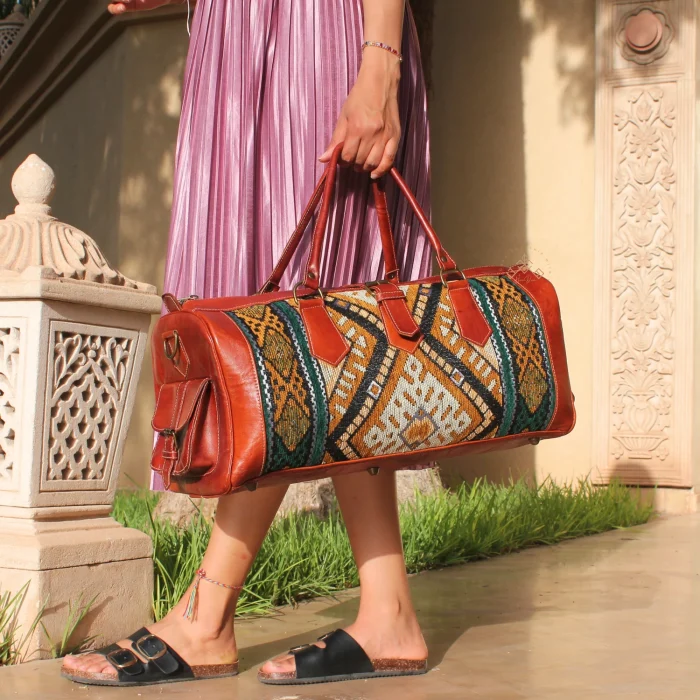 Chic Kilim Travel Bag with green Carpet Design