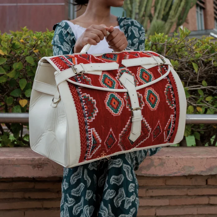 Moroccan Handmade Carpet Leather Travel Bag - Image 10