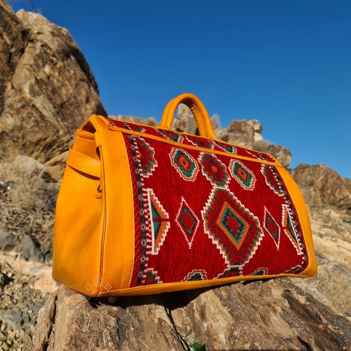 Moroccan Handmade Carpet Leather Travel Bag - Image 9