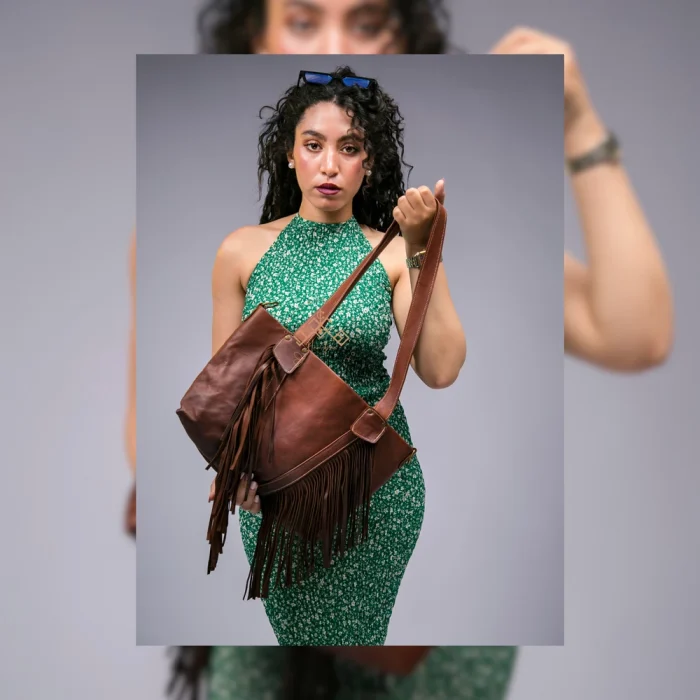 Brown Leather Fringe Handbag - Image 3