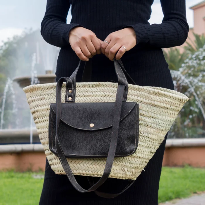 Woven Palm Leaf Basket with Leather Handle - Image 4