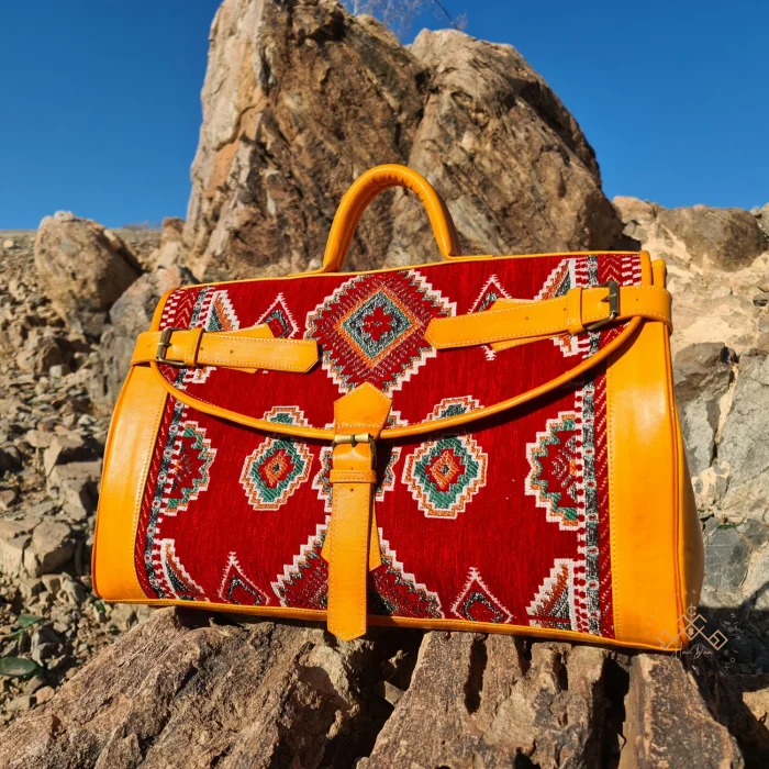 Moroccan Handmade Carpet Leather Travel Bag - Image 2