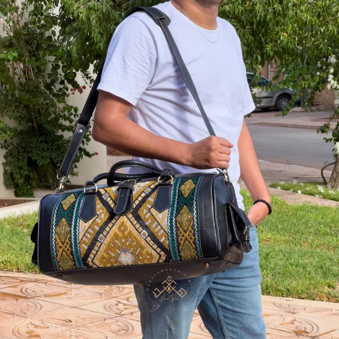 Black leather Travel Bag with green Carpet - Image 3