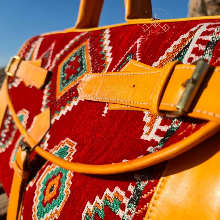 Moroccan Handmade Carpet Leather Travel Bag - Image 7