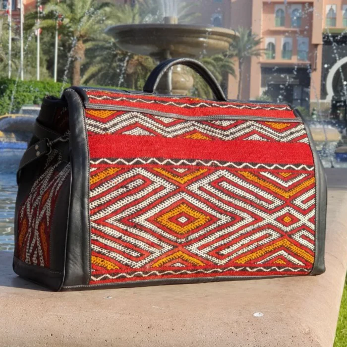 Black Vintage Red Woven Carpet Leather Travel Bag - Image 5