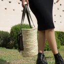 Handwoven Palm Leaf Basket with Leather Handles
