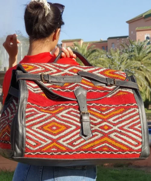 Black Vintage Red Woven Carpet Leather Travel Bag