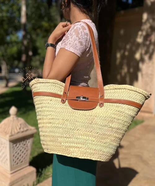 Brown handmade straw french baskets with leather strap