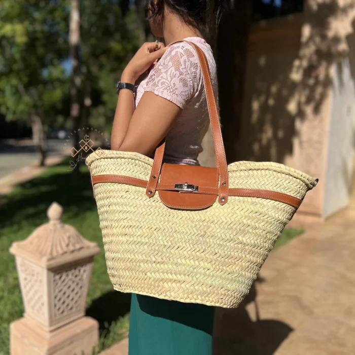 Brown handmade straw french baskets with leather strap
