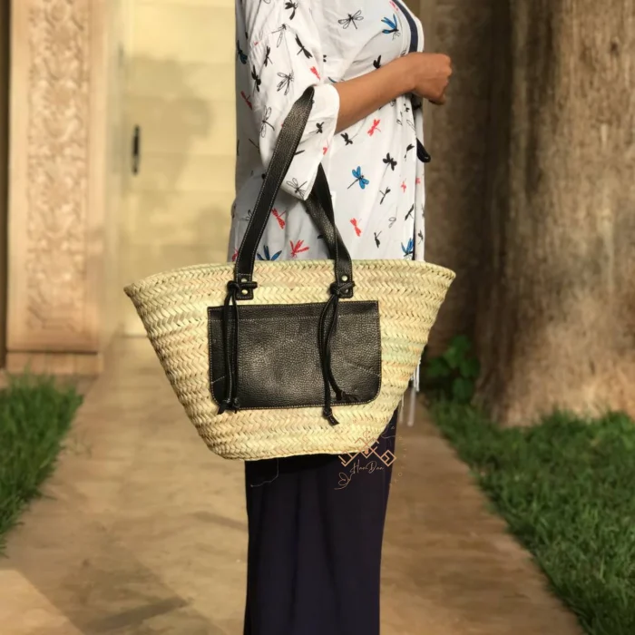 Moroccan Woven Basket with Leather Touch - Image 6