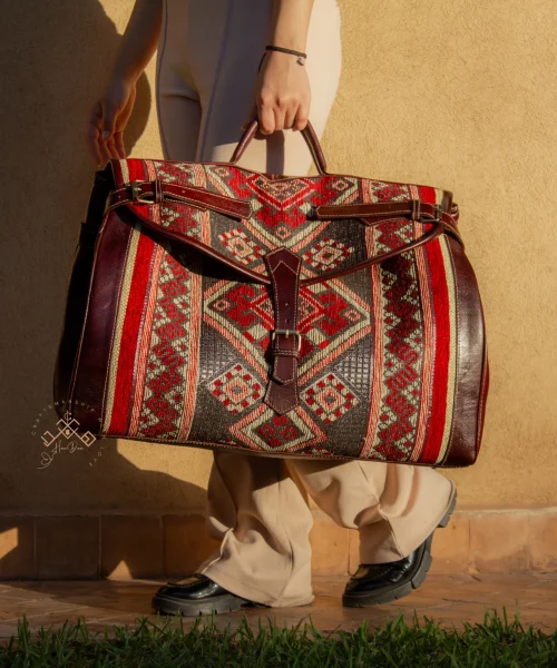 Premium Brown Leather Travel Bag with Colorful Red Kilim Pattern