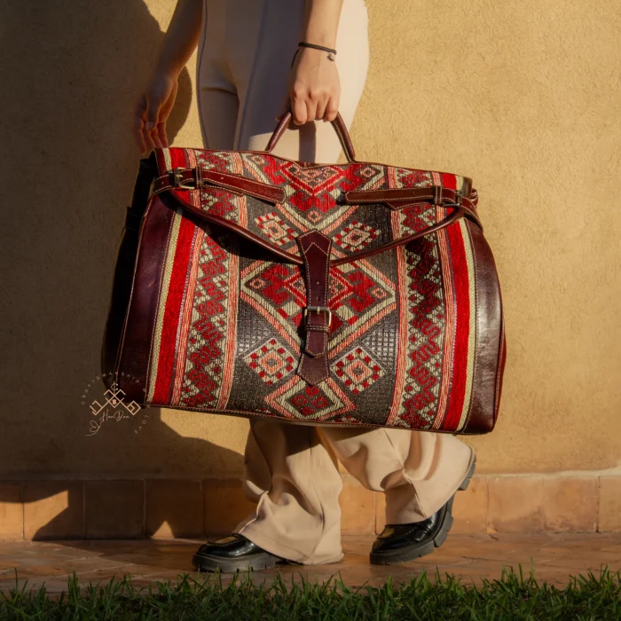 Premium Brown Leather Travel Bag with Colorful Red Kilim Pattern