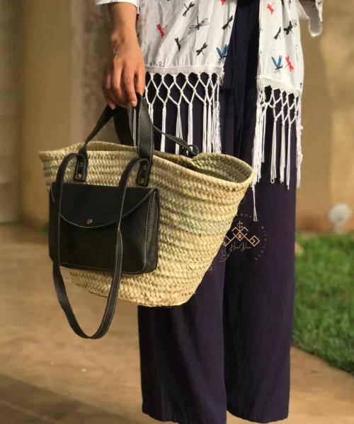 Handwoven Palm Leaf Basket with Leather Handles