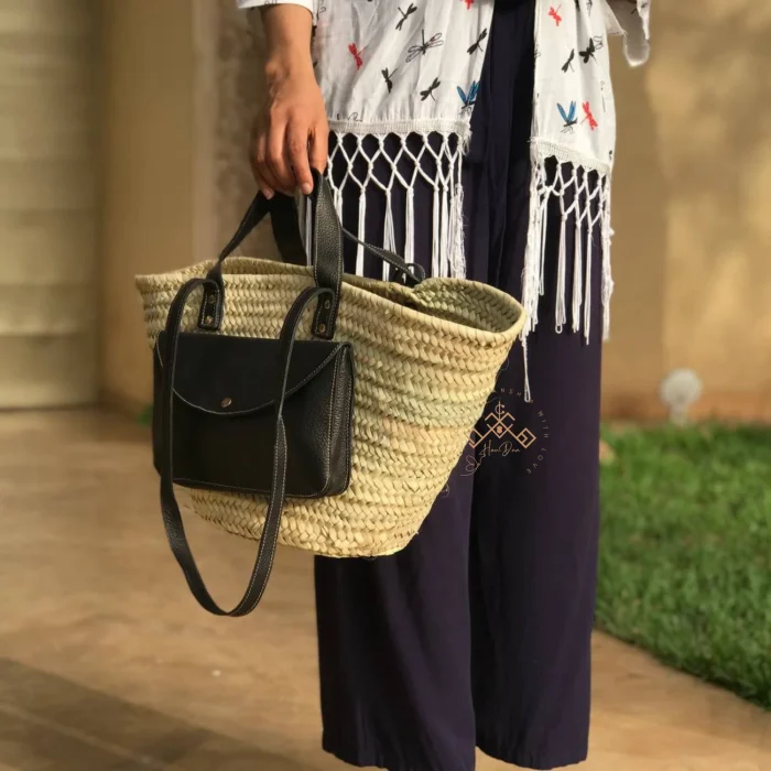 Handwoven Palm Leaf Basket with Leather Handles