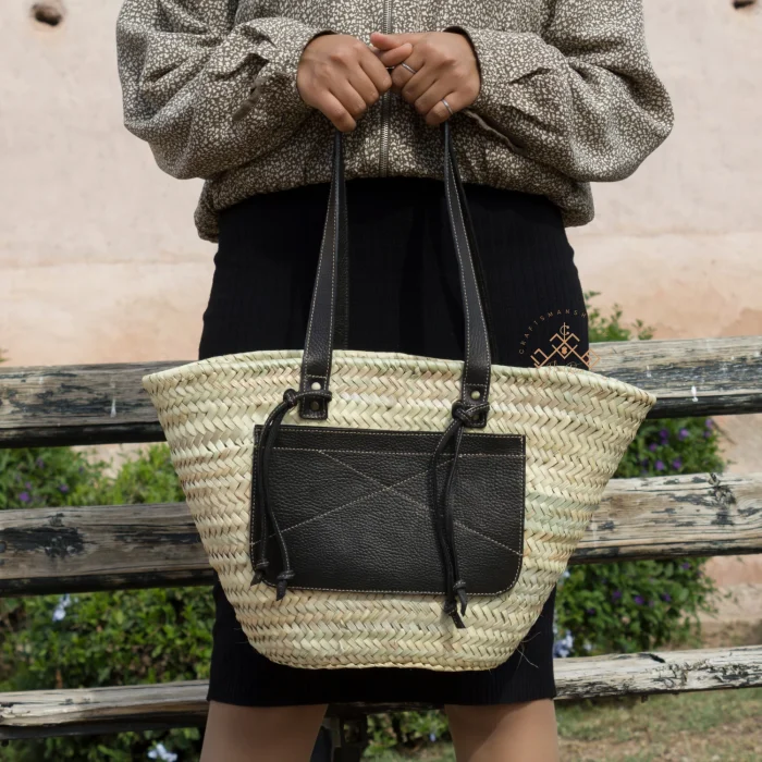Moroccan Woven Basket with Leather Touch - Image 5