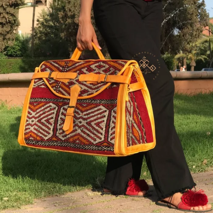 Moroccan Vintage Carpet Bag Leather Weekender - Image 3