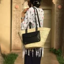 Handwoven Palm Leaf Basket with Leather Handles