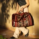 Premium Brown Leather Travel Bag with Colorful Red Kilim Pattern