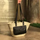 Handwoven Palm Leaf Basket with Leather Handles