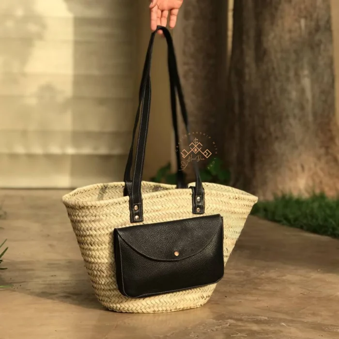 Handwoven Palm Leaf Basket with Leather Handles - Image 2
