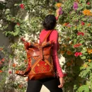 Brown Roll Top Leather Backpack With Red & Orange Kilim
