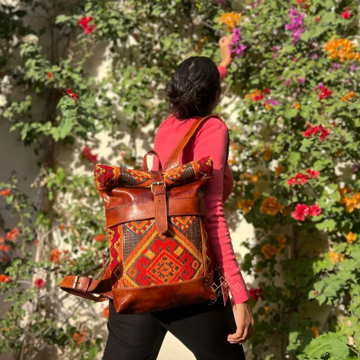 Brown Roll Top Leather Backpack With Red & Orange Kilim - Image 2