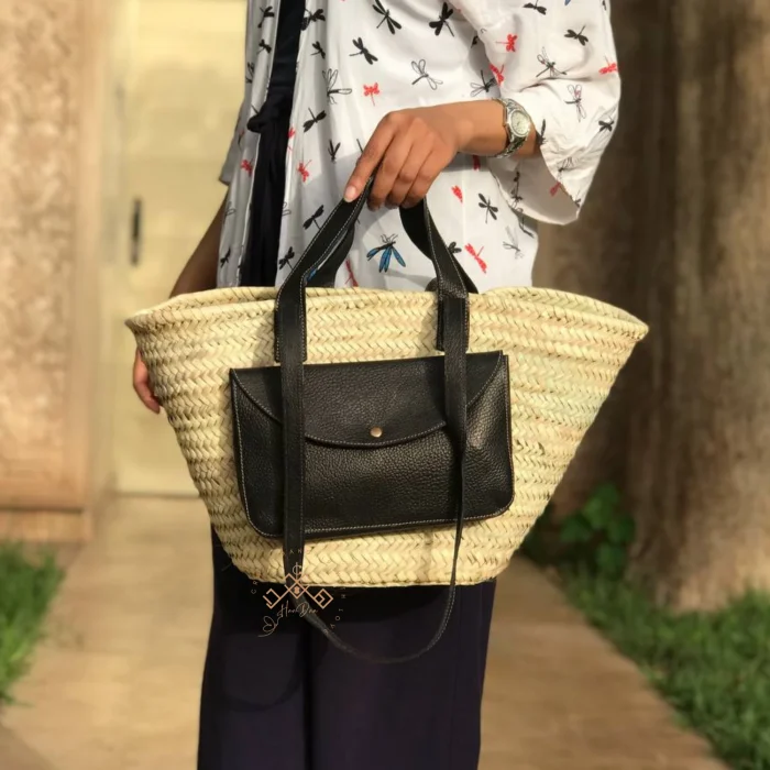 Handwoven Palm Leaf Basket with Leather Handles - Image 3