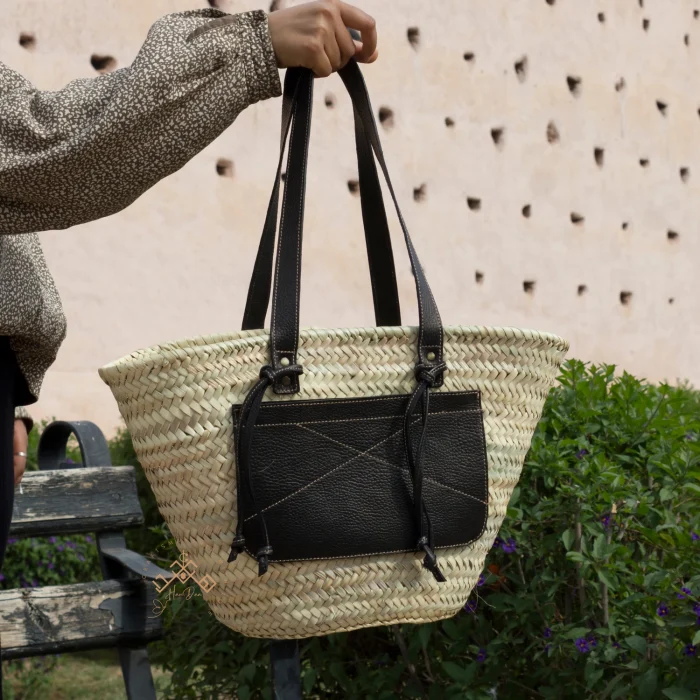 Moroccan Woven Basket with Leather Touch - Image 7