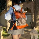 Stylish Roll Top Leather Backpack with Colorful Kilim Pattern