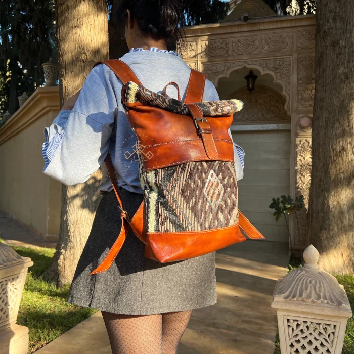 Stylish Roll Top Leather Backpack with Colorful Kilim Pattern - Image 4